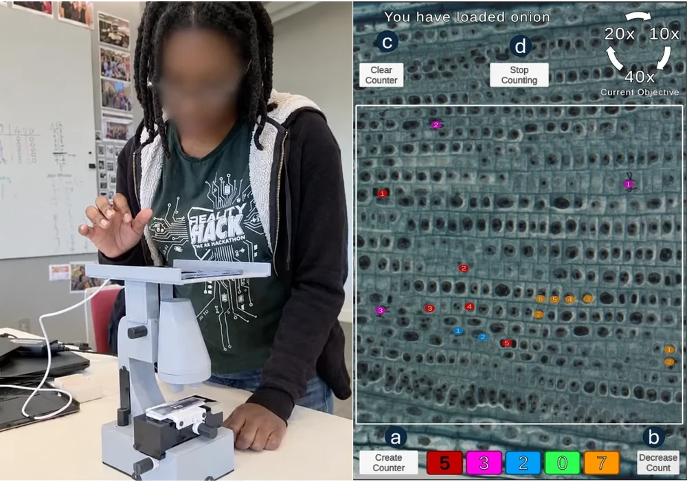 A student operating the instrumented microscope while a connected smartphone shows onion cells with cell-counting tools.
